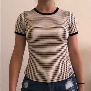 black, orange, and cream striped top